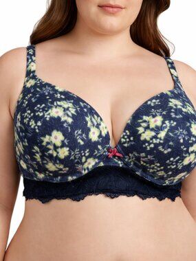 Cacique 44DDD Floral Push Up Bra Navy Yellow Lace Longline Underwire